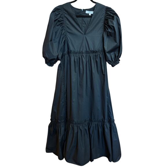Hunter Bell Tuckernuck NY Palmer Puff Sleeve Midi Dress Black Size L 100% Cotton - Picture 3 of 6